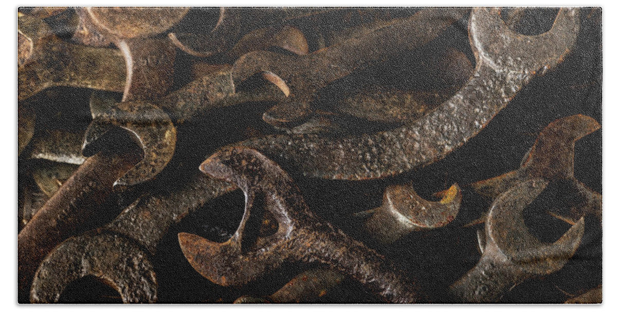 Old Tools Beach Sheet featuring the photograph Wrench Collection - old rusty tools in dramatic light by Art Whitton