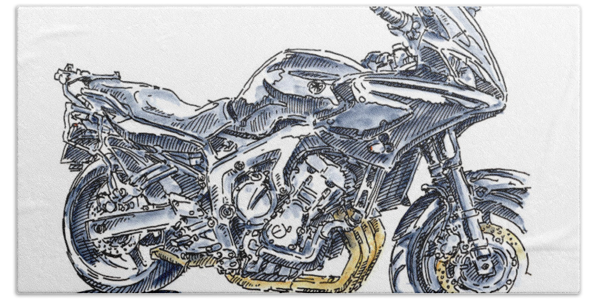 Yamaha Fz6 Fazer Beach Towel featuring the drawing Yamaha FZ6 Fazer Motorcycle Ink Drawing and Watercolor by Frank Ramspott