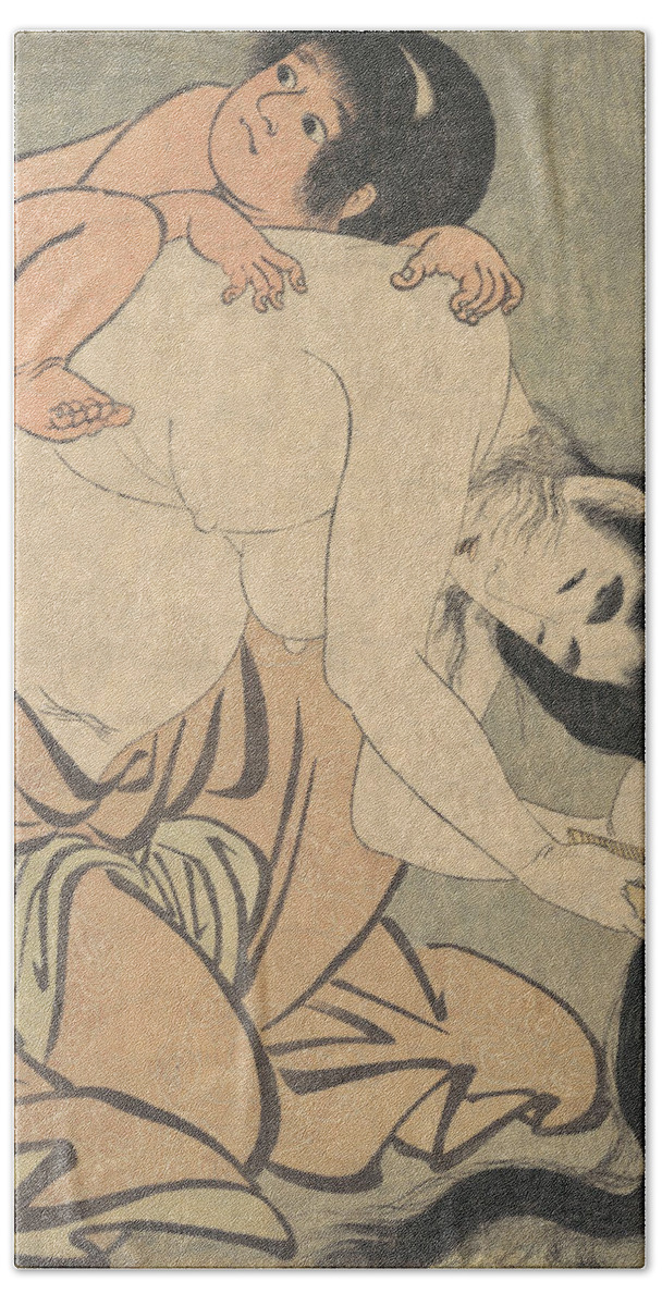 19th Century Art Beach Towel featuring the relief Yamauba Combing Her Hair and Kintoki by Kitagawa Utamaro