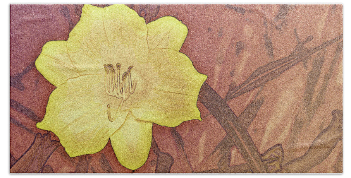 Flower Beach Sheet featuring the digital art Yellow Day Lily Stencil on Sandstone by Jason Fink