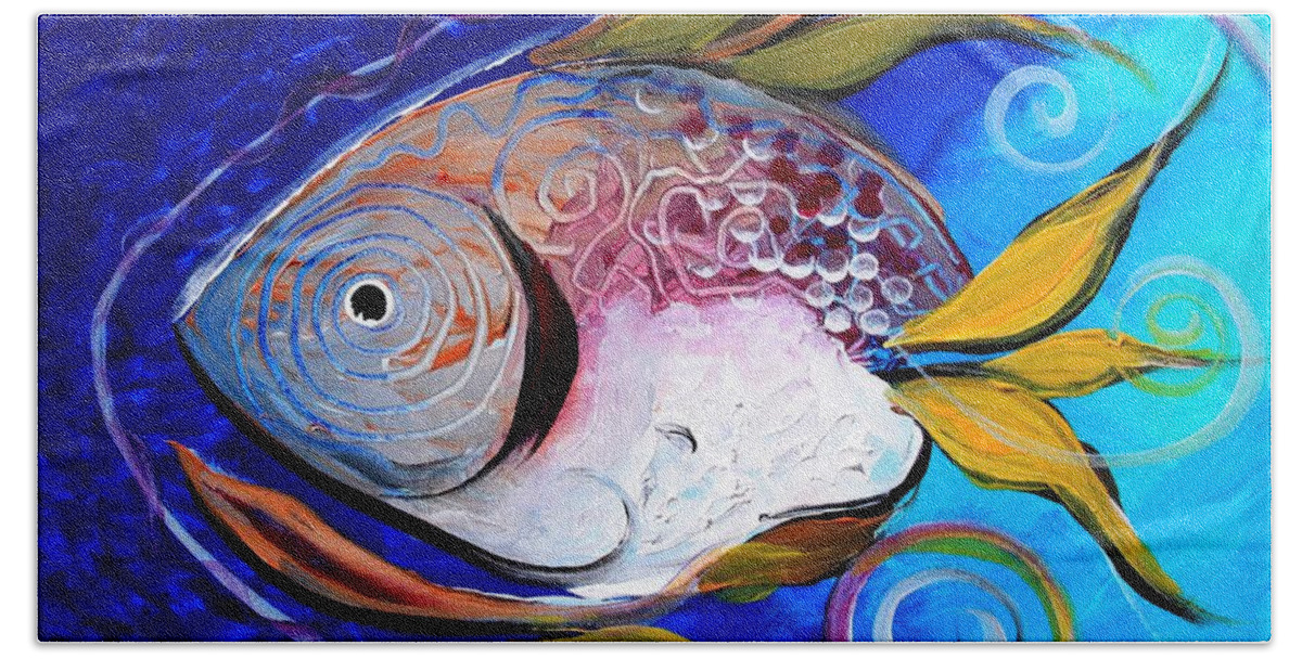 #fishart #fish #art #blue #fin #artfish #gulf #fishing #beachhouse #beach #color #coloful #detail #scarpace #ocean #sportfishing #abstract Beach Towel featuring the painting Yellow Fin Integral by J Vincent Scarpace