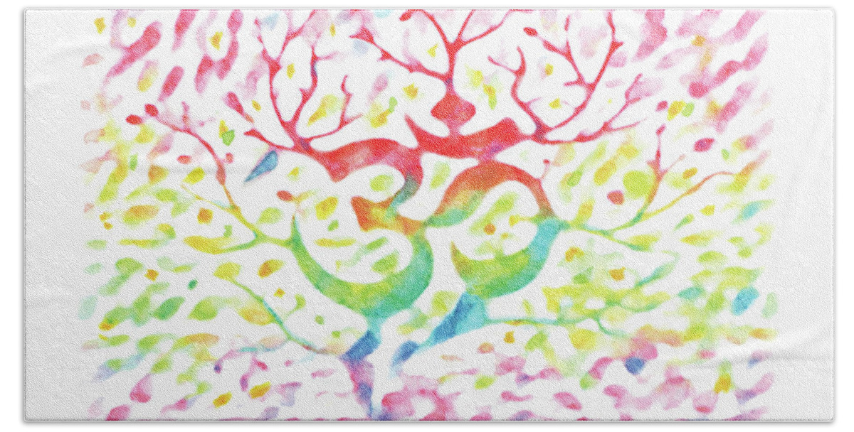 Yoga Mantra Om Tree Beach Towel featuring the drawing Yoga mantra om tree-Watercolor,Colourful,Dazzling,ImpressionismHandmade,Hand-painted,Greeting Card by Artto Pan