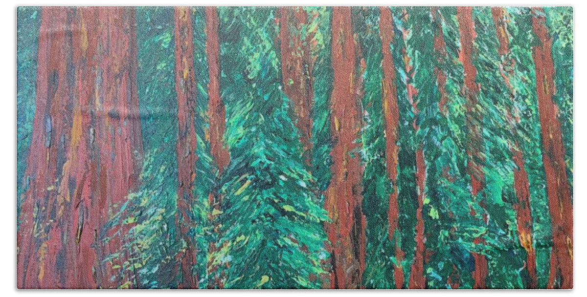 Yosemite Redwood Trees Beach Towel featuring the painting Yosemite Redwoods by Raji Musinipally