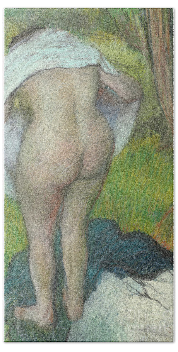 Female Beach Towel featuring the pastel Young Woman Dressing Herself, 1885 by Edgar Degas