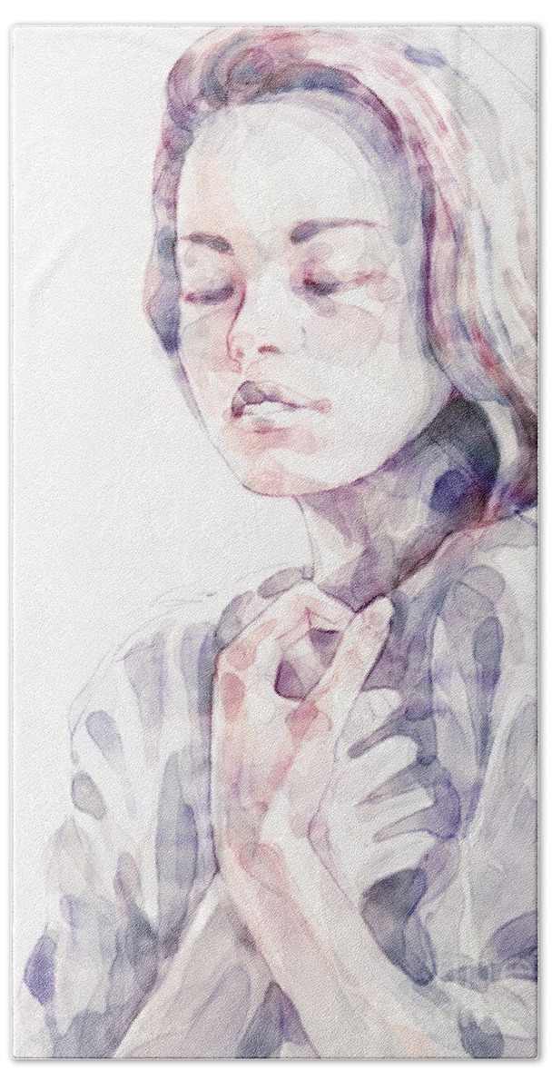Watercolor Beach Towel featuring the painting Young Woman Portrait Abstract Watercolors Painting by Dimitar Hristov