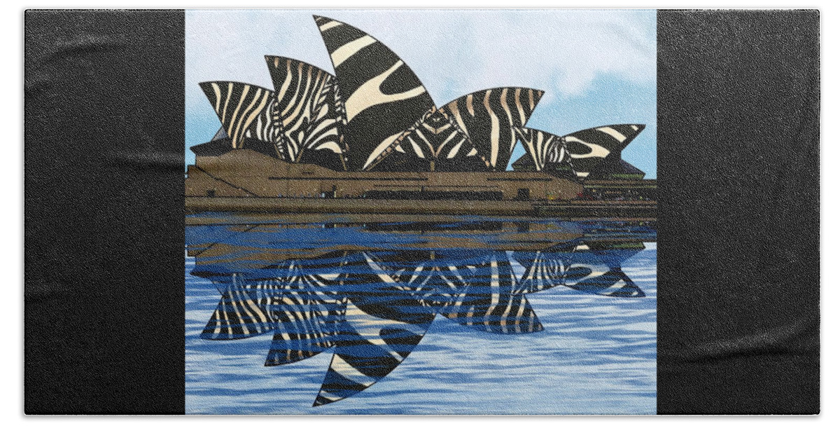 Sydney Opera House Beach Towel featuring the mixed media Zebra Opera House 4 by Joan Stratton