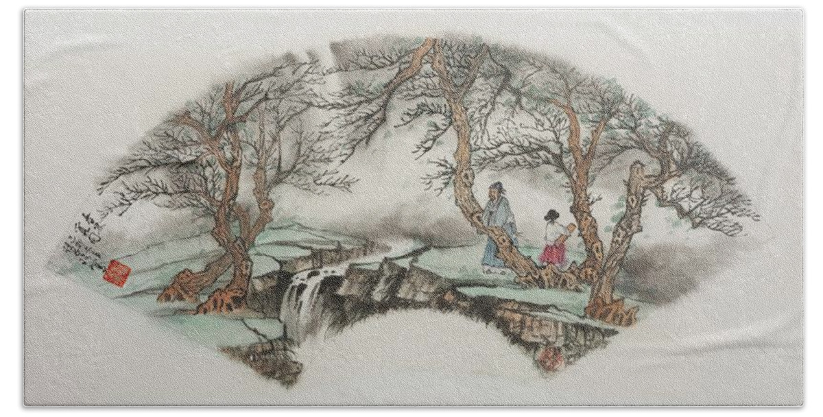 Chinese Watercolor Beach Towel featuring the painting Zheng Player by Jenny Sanders
