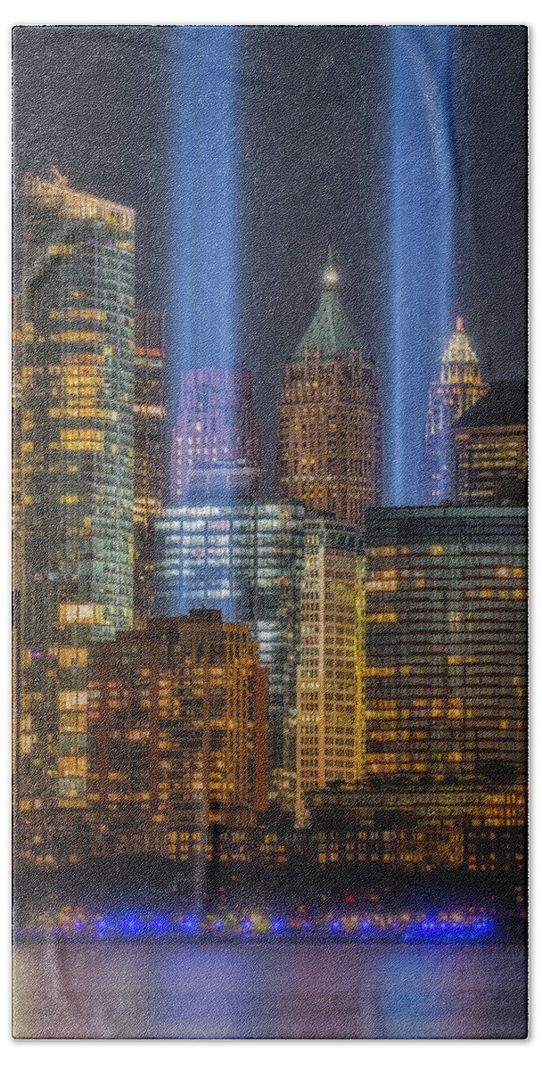 Tribute In Light Beach Towel featuring the photograph A NYC 911 Tribute #1 by Susan Candelario
