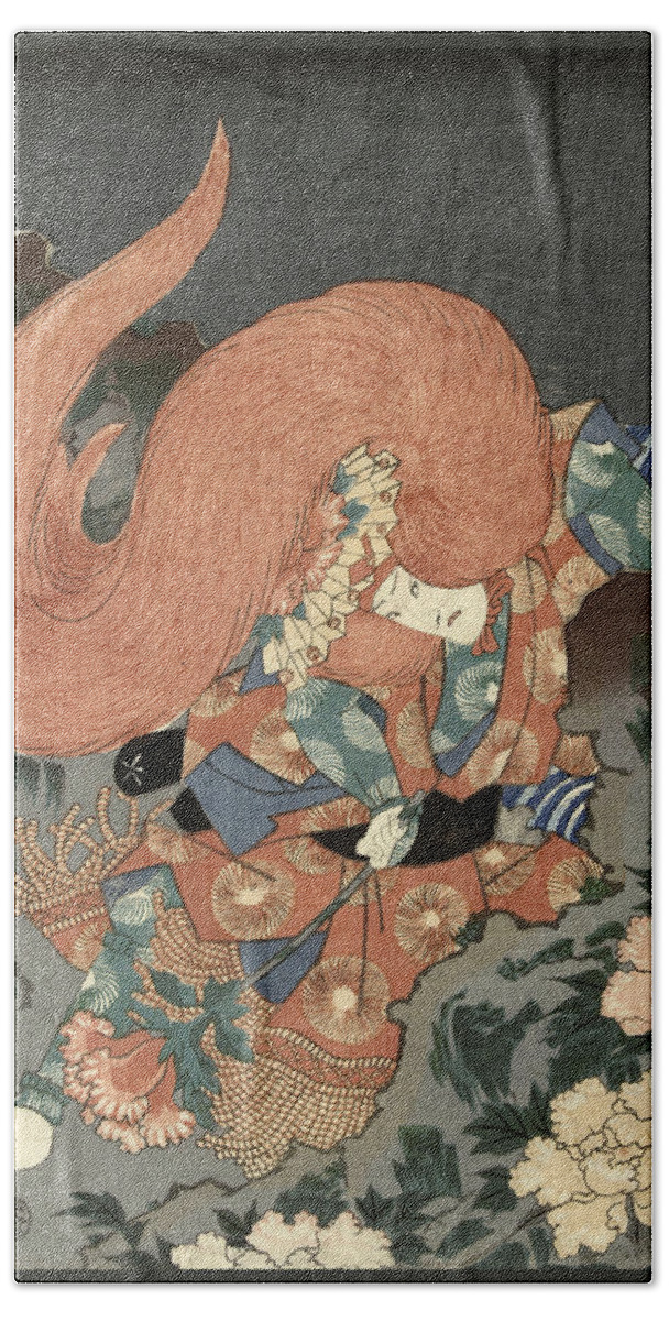 Utagawa Kunisada Beach Towel featuring the drawing Actor as a lion dancer #2 by Utagawa Kunisada