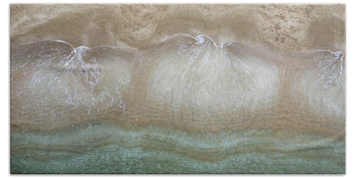 Golden Sand Beach Towel featuring the photograph Aerial view drone of empty tropical sandy beach with golden sand. Seascape background by Michalakis Ppalis