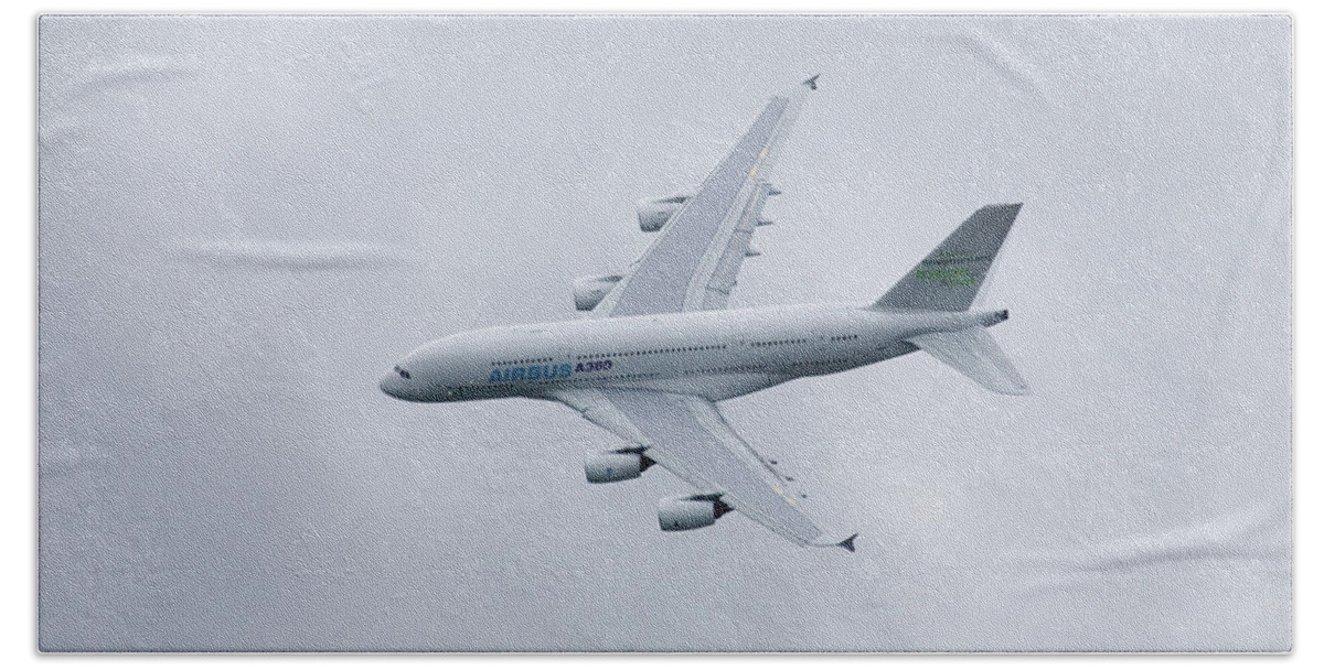 Plane Beach Towel featuring the photograph Airbus A380 at Farnborough International Airshow, July 2008 #1 by Ian Middleton