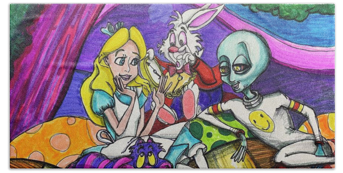 Alice In Wonderland Beach Towel featuring the drawing An Alien in Wonderland #1 by Similar Alien