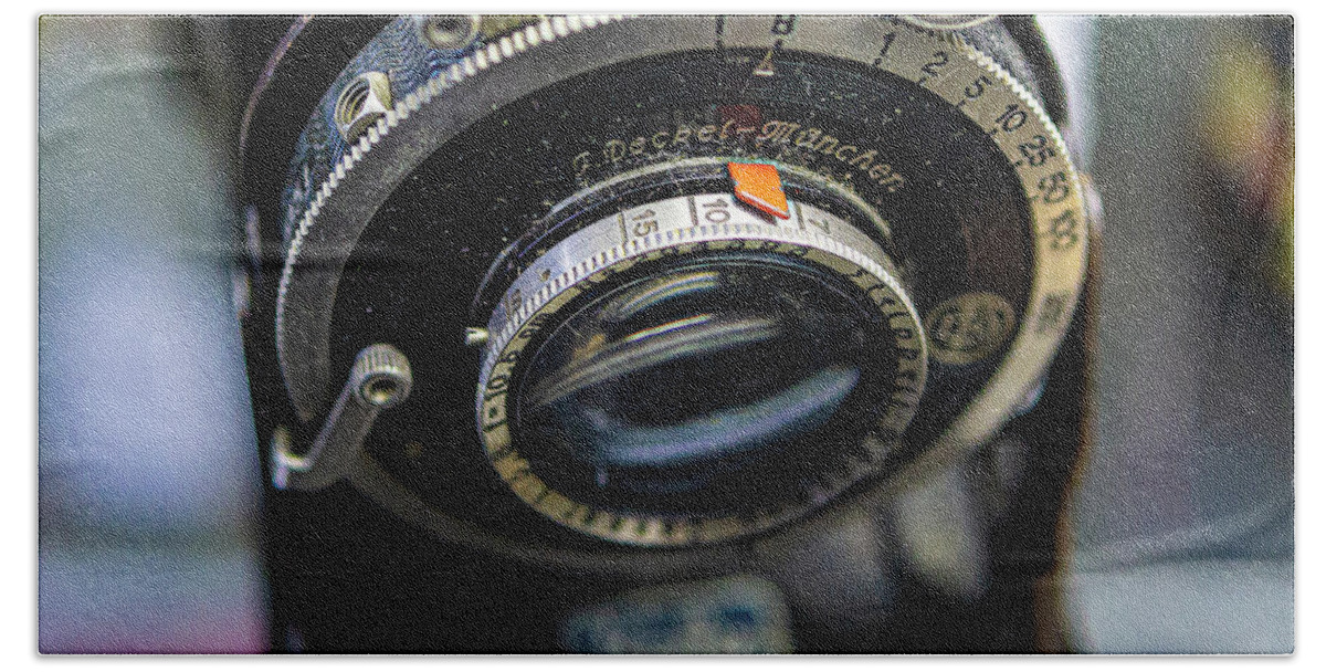 Antique Camera Lens Aperture Ring Shallow Depth Of Field Beach Towel featuring the photograph Antique Camera #1 by David Morehead