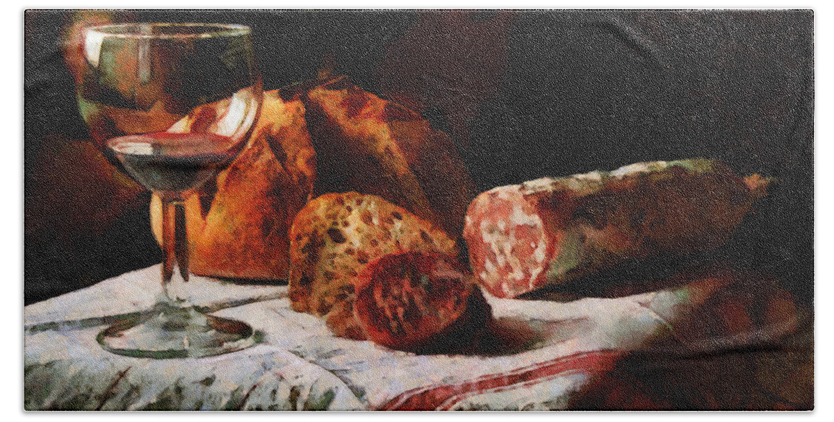 Still Life Beach Towel featuring the painting Aperitif with Bread and Sausage - DWP2027177 by Dean Wittle