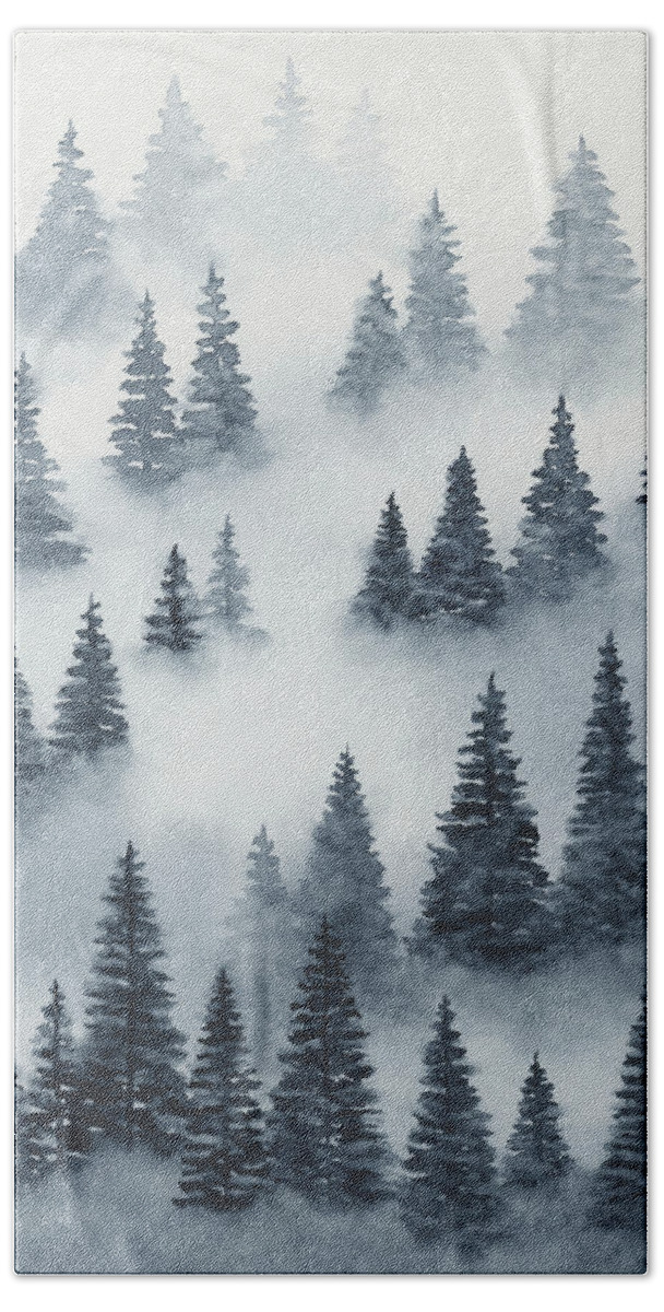 Gray Beach Towel featuring the painting Blue Trees Above the Fog II #1 by Rachel Elise