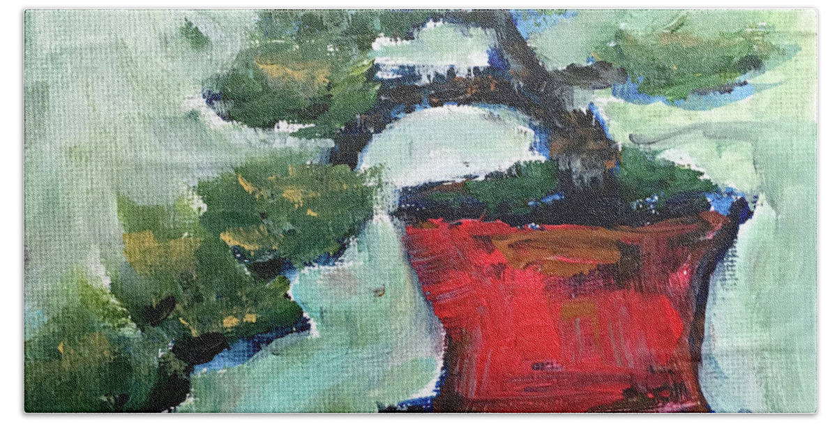 Bonsai Beach Towel featuring the painting Bonsai in a Red Pot by Roxy Rich