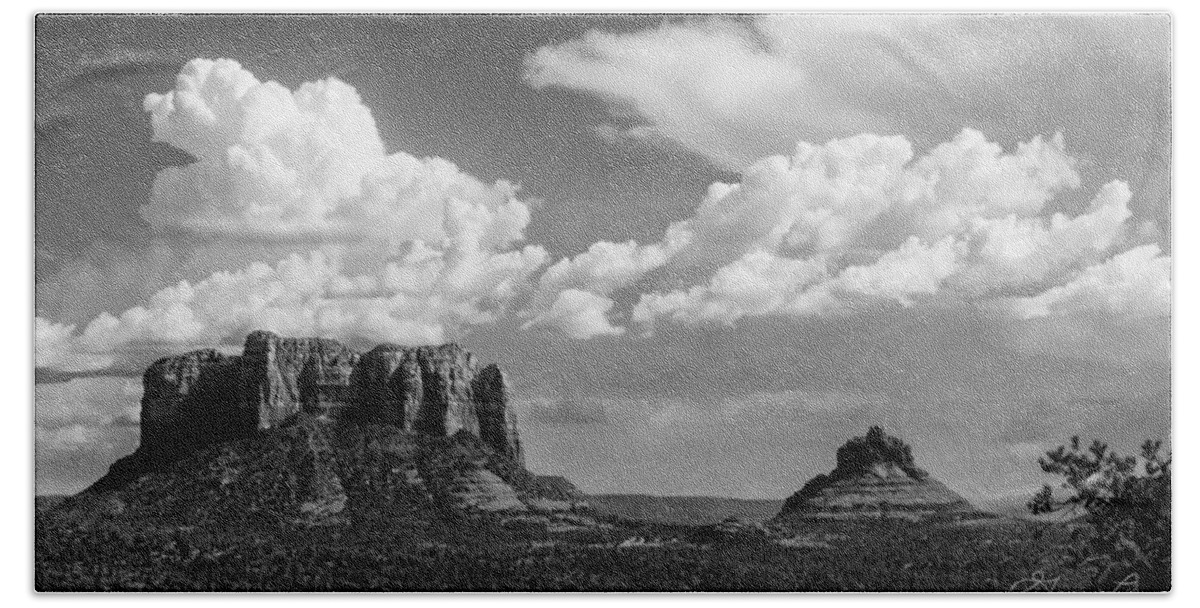 Red Rock Cliffs Sedona Arizona Fstop101 Landscape Sandstone Black And White Bell Rock Castle Rock Cumulus Beach Towel featuring the photograph Castle Rock and Bell Rock #1 by Geno Lee