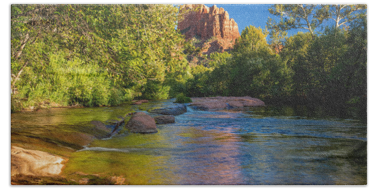 Stream Cathedral Rock Red Sedona Arizona Fstop101 Landscape Reflection Water Stream Tranquil Nature Calm Blue Sky Beach Towel featuring the photograph Castle Rock and Stream #1 by Geno