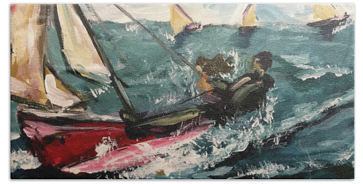 Catamaran Beach Towel featuring the painting Cat Sailing #1 by Roxy Rich