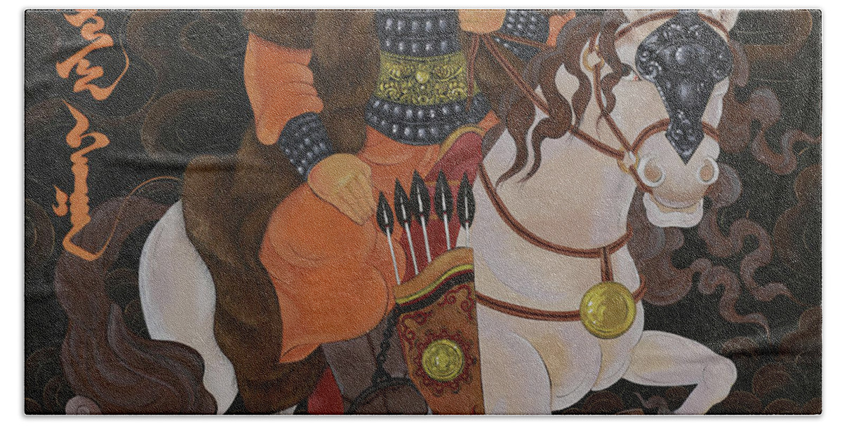 Genggis Khan Beach Towel featuring the painting Chinggis Khaan by Solongo Chuluuntsetseg