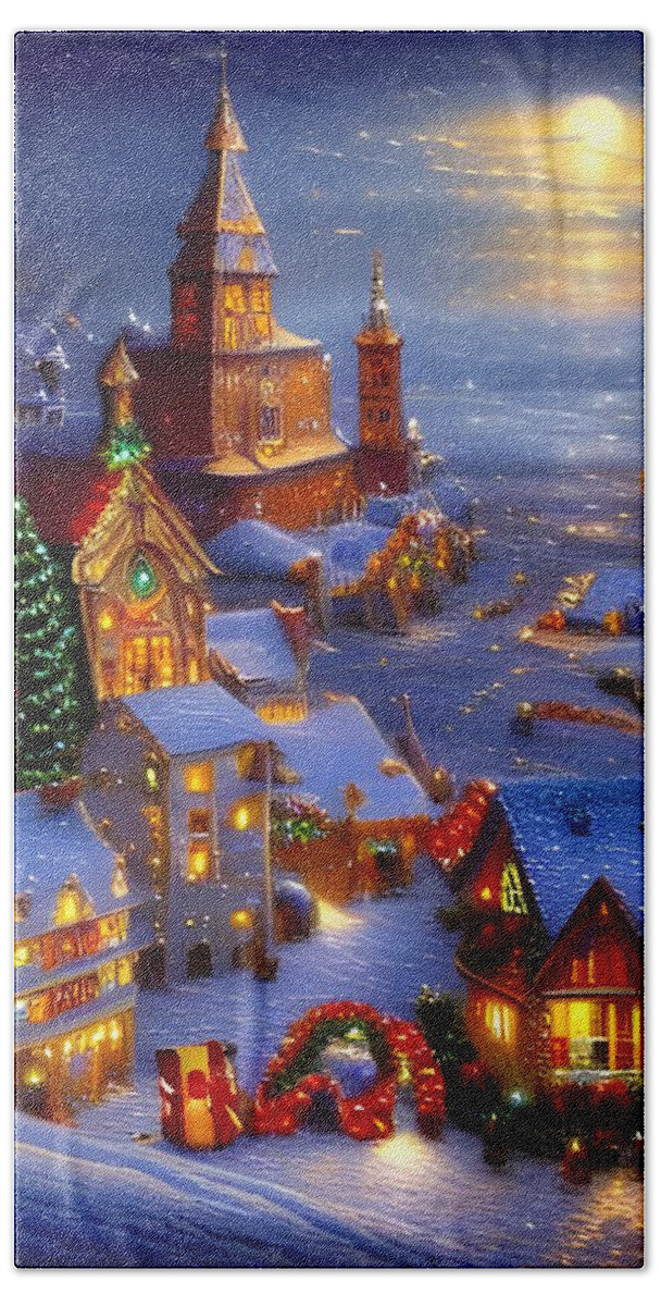Digital Christmas Village Snow Beach Towel featuring the digital art Christmas Village #1 by Beverly Read
