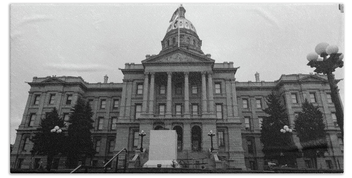 Usa Government Beach Towel featuring the photograph Colorado state capitol building in Denver Colorado in black and white #1 by Eldon McGraw