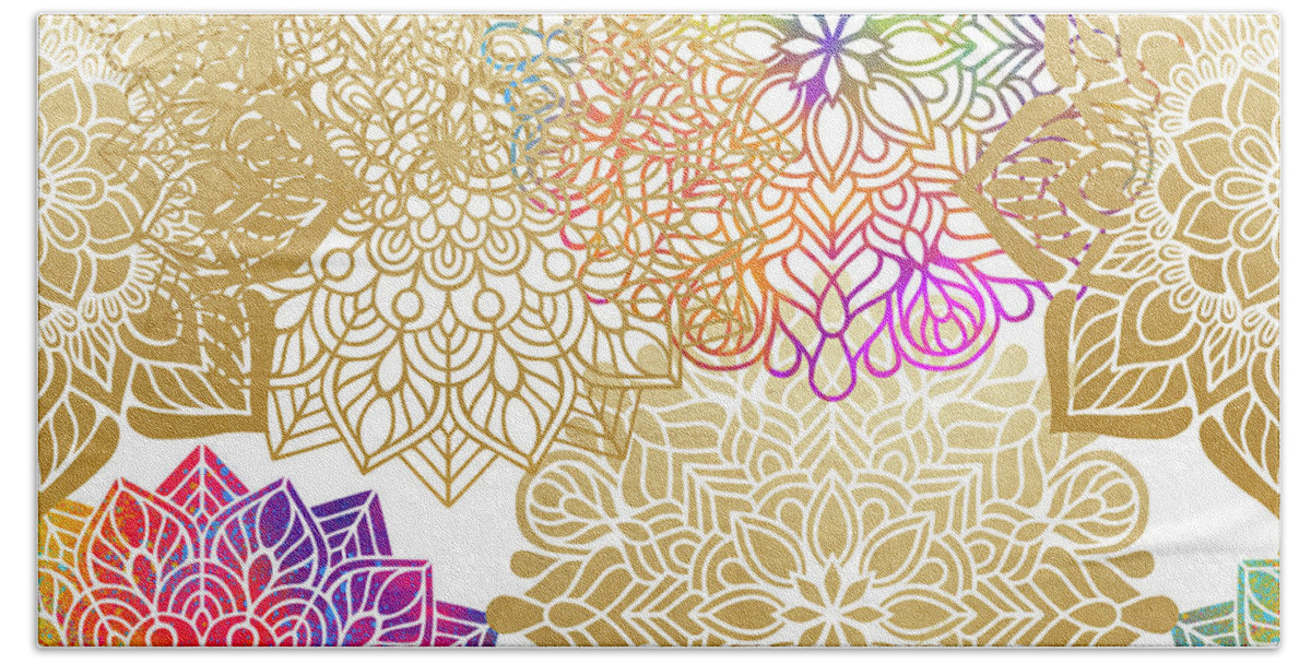 Mandala Beach Towel featuring the digital art Colorful Gold Mandala Pattern by Sambel Pedes