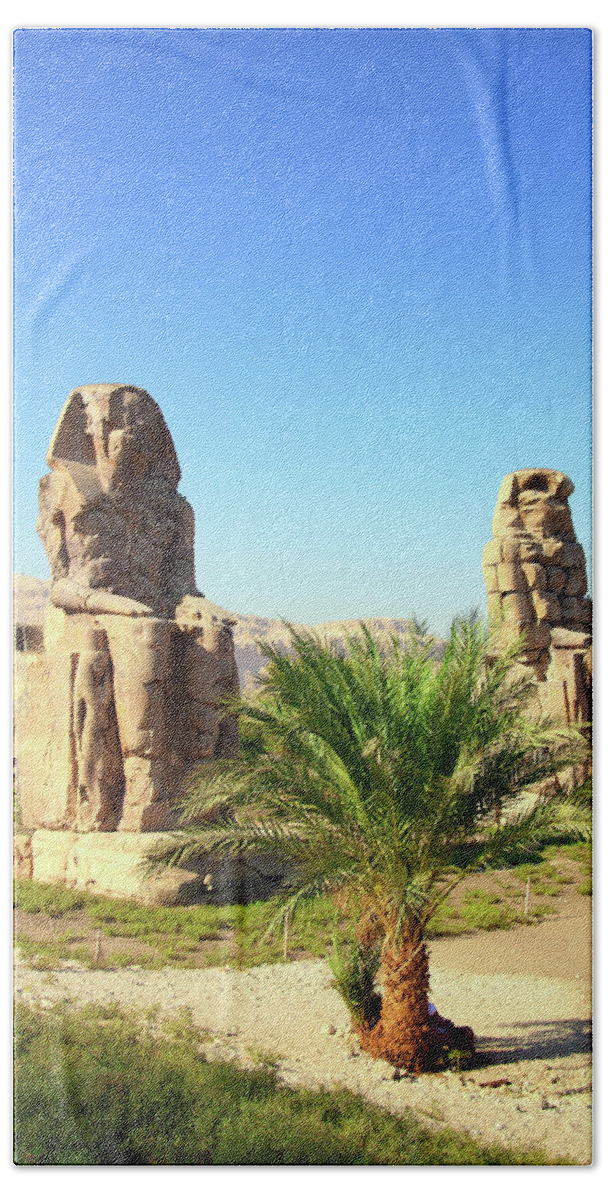 Memnon Beach Towel featuring the photograph colossi of memnon in Luxor Egypt #1 by Mikhail Kokhanchikov