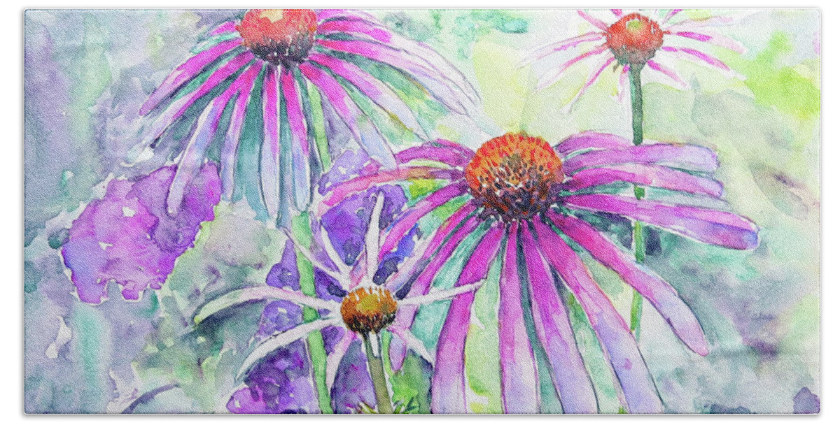 Echinacea Beach Towel featuring the painting Coneflowers in Cool Hues #1 by Claudia Hafner