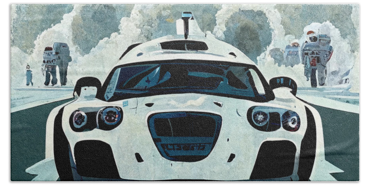 Cool Beach Towel featuring the painting Cool Cartoon The Stig Top Gear Show Driving A Car D27276c2 1dc4 442d 4e78 Dd764d266a62 by MotionAge Designs