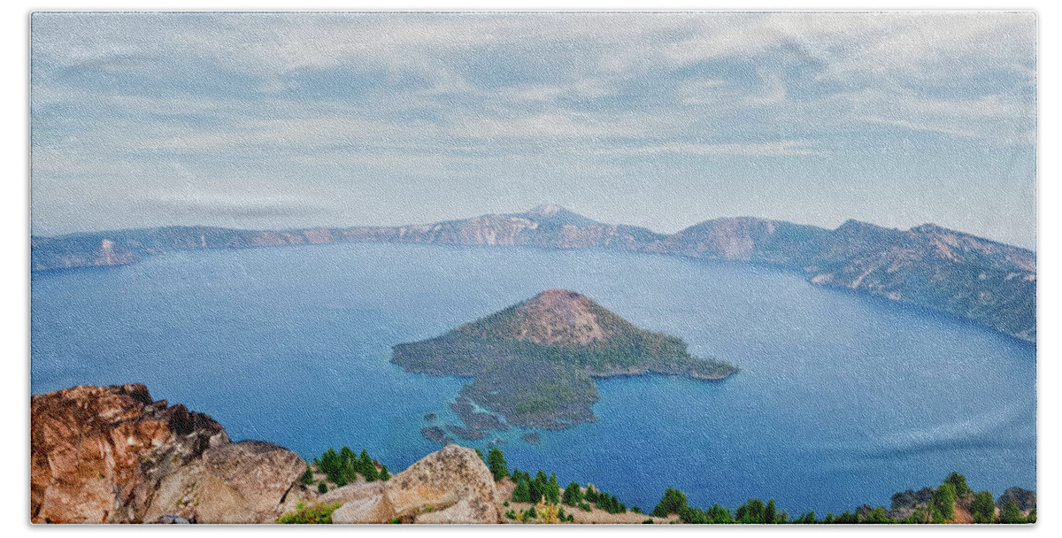 Aerial View Beach Towel featuring the photograph Crater Lake in the Evening by Jeff Goulden