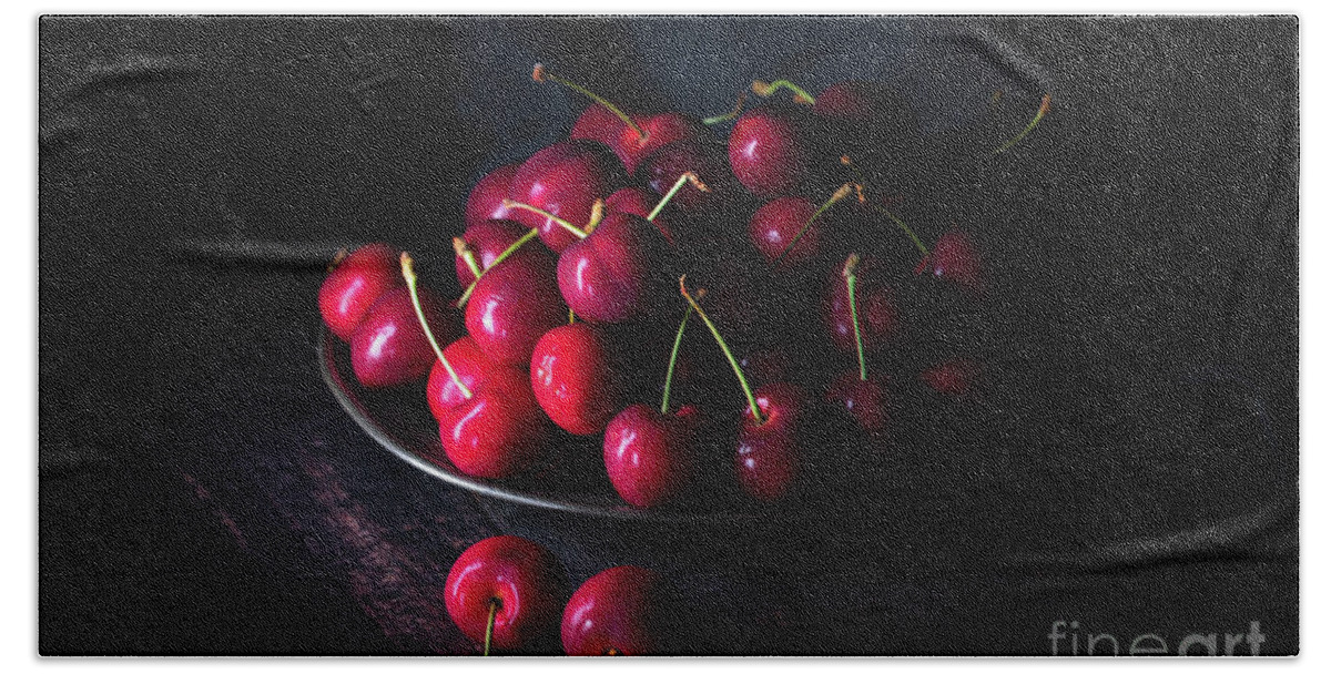 Vegan Beach Towel featuring the photograph  Dark red cherries on a pewter plate #1 by Jane Rix