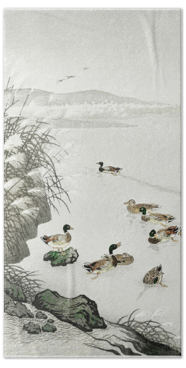 Ducks Beach Towel featuring the mixed media Ducks in the water #1 by World Art Collective
