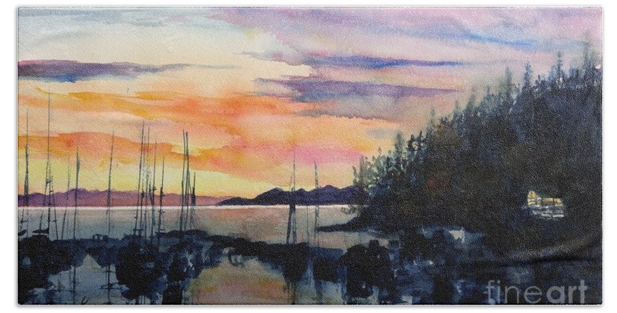 Boats Beach Towel featuring the painting Eagle Ridge Sunset #1 by Sonia Mocnik