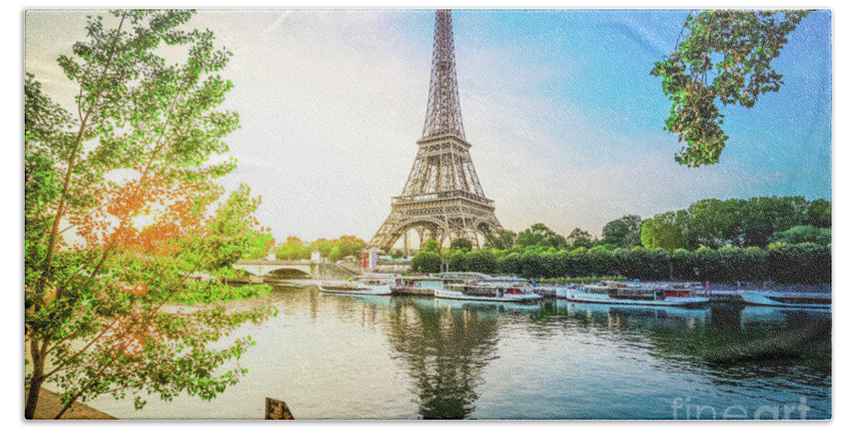 Eiffel Beach Towel featuring the photograph Eiffel Tour over Seine river #1 by Anastasy Yarmolovich