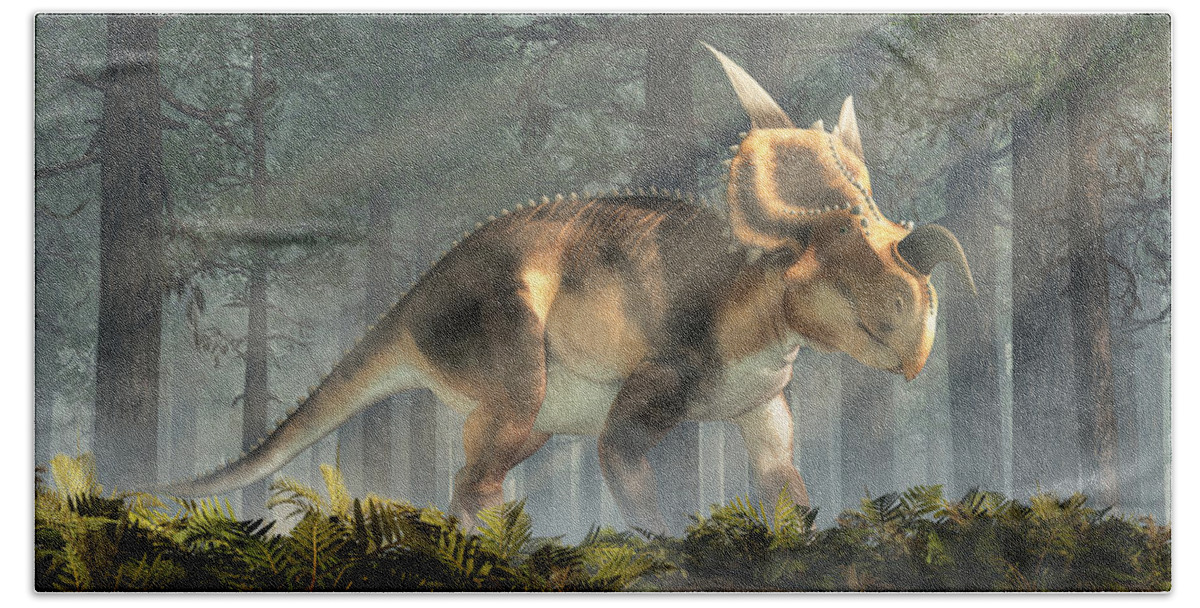 Einiosaurus Beach Towel featuring the digital art Einiosaurus in a Forest #1 by Daniel Eskridge