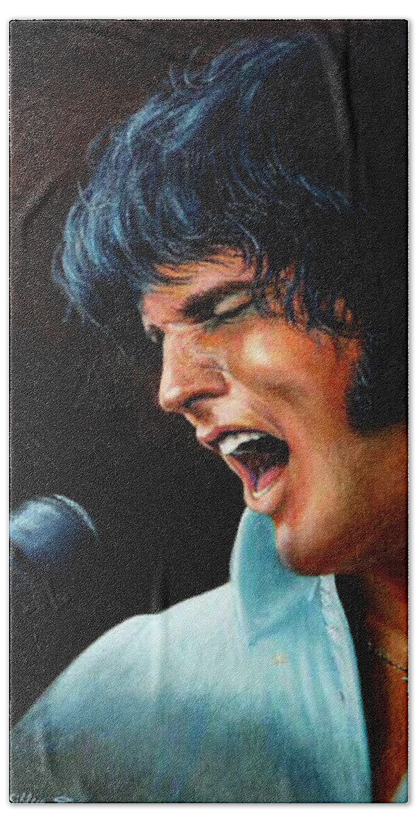 Elvis Beach Towel featuring the painting Elvis in Concert #2 by Loxi Sibley