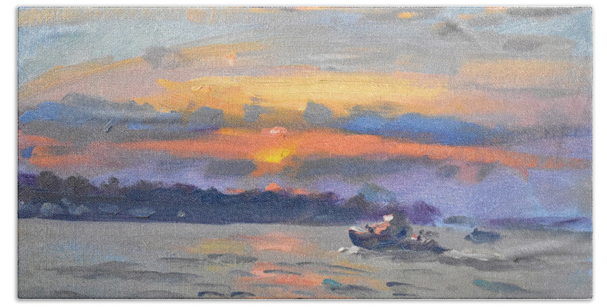 Sunset Beach Towel featuring the painting Evening at Niagara River #1 by Ylli Haruni