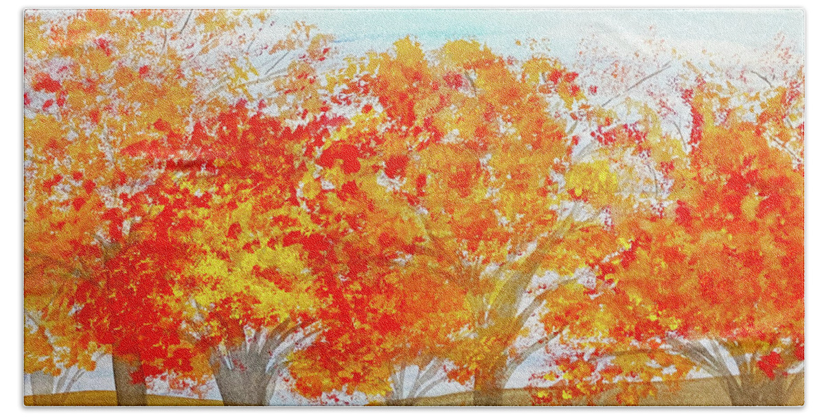 Fall Beach Towel featuring the mixed media Fall Trees #1 by Lisa Neuman