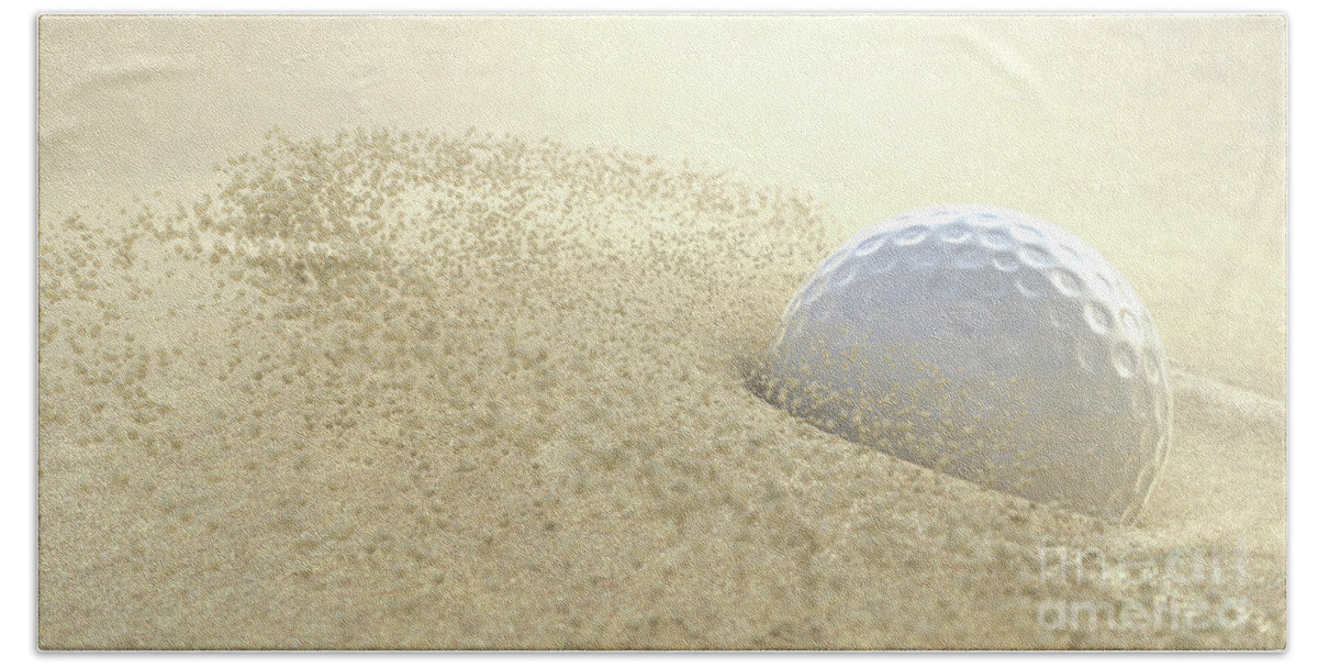 Ball Beach Towel featuring the digital art Golf Ball Hitting Bunker Sand #1 by Allan Swart