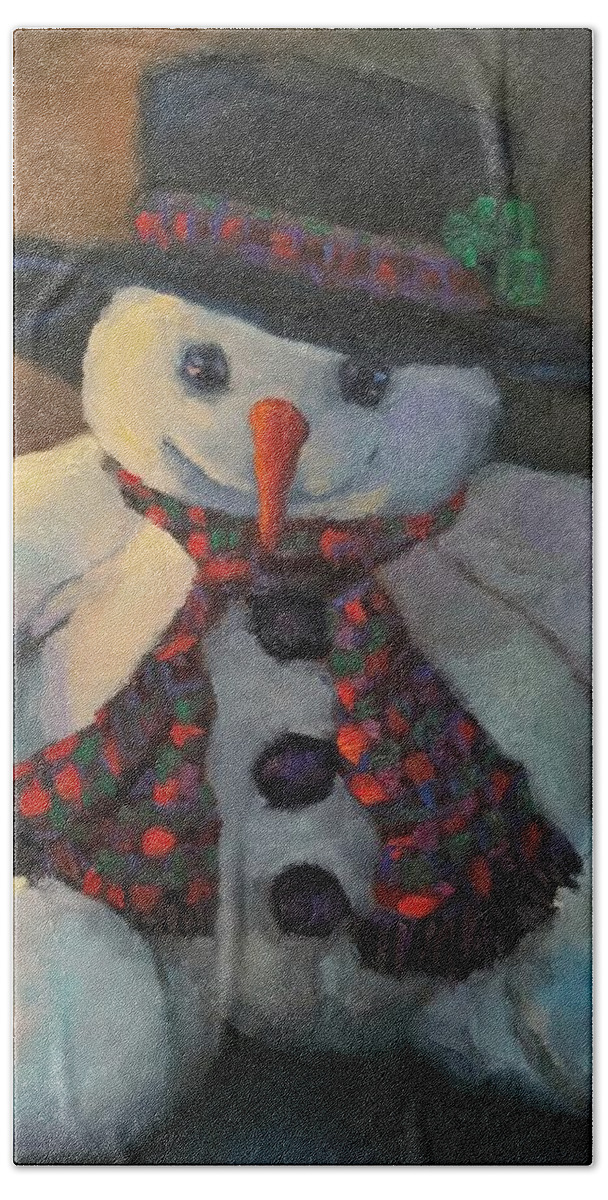 Snowman Christmas Stuffed Animal Holidays Winter Snow Snowflake Wisconsin Driftless Region Beach Towel featuring the painting Grinning Snowman #2 by Jeff Dickson