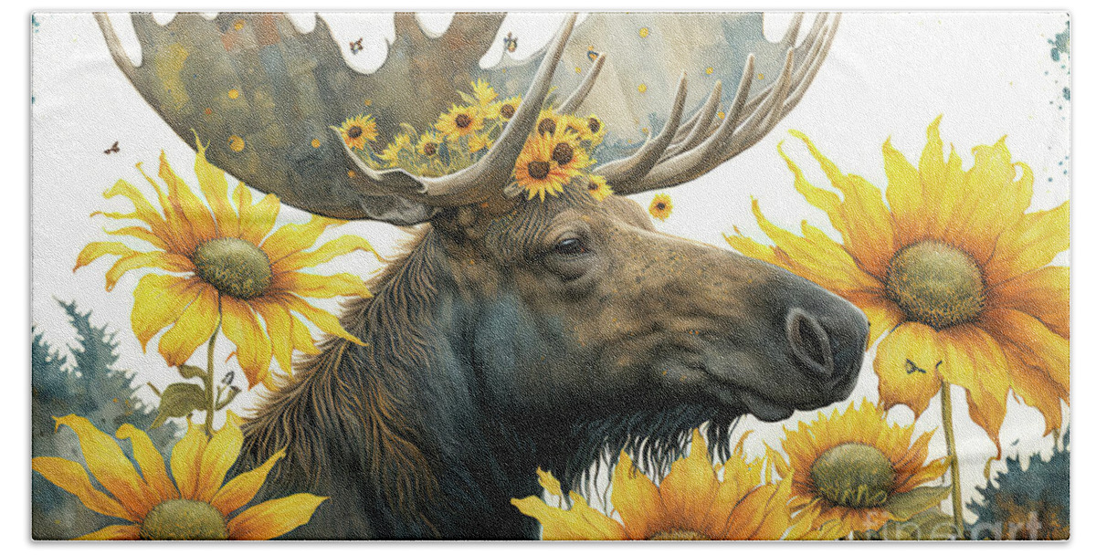 Moose Beach Towel featuring the painting Happy In The Sunflowers #1 by Tina LeCour
