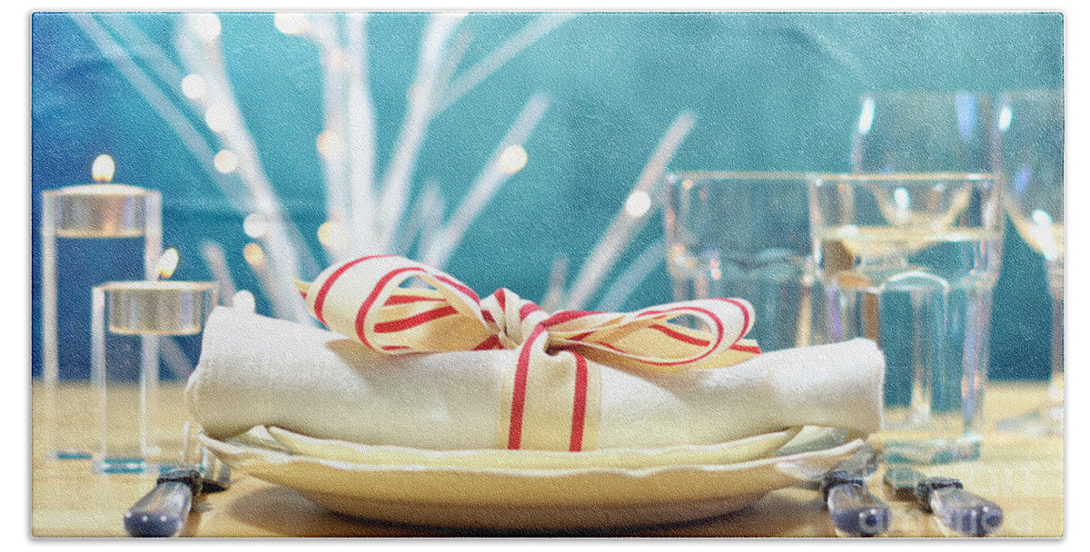 Background Beach Towel featuring the photograph Holiday table place setting with focus on napkin #1 by Milleflore Images