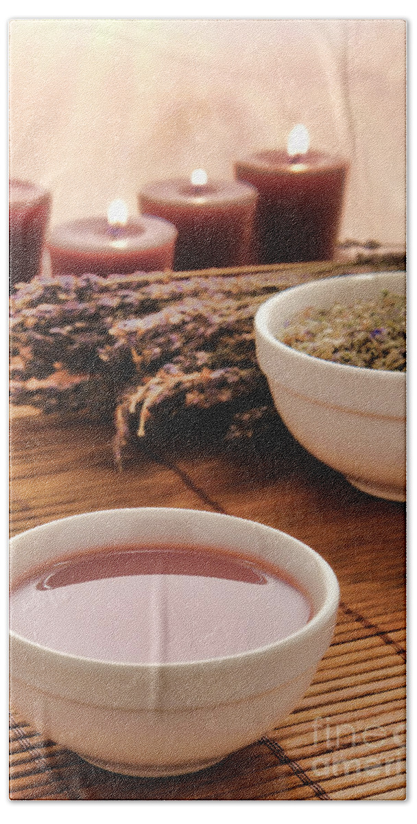 Bowl Beach Towel featuring the photograph Hot Massage Oil in a Bowl with Lavender in spa by Olivier Le Queinec