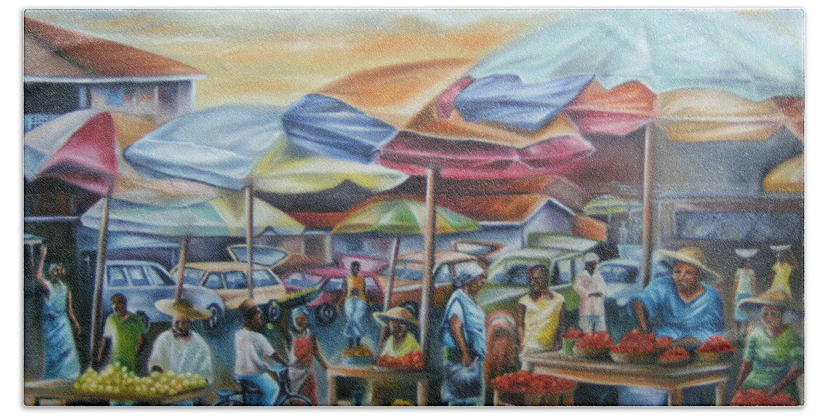 Market Beach Towel featuring the painting How market #1 by Olaoluwa Smith