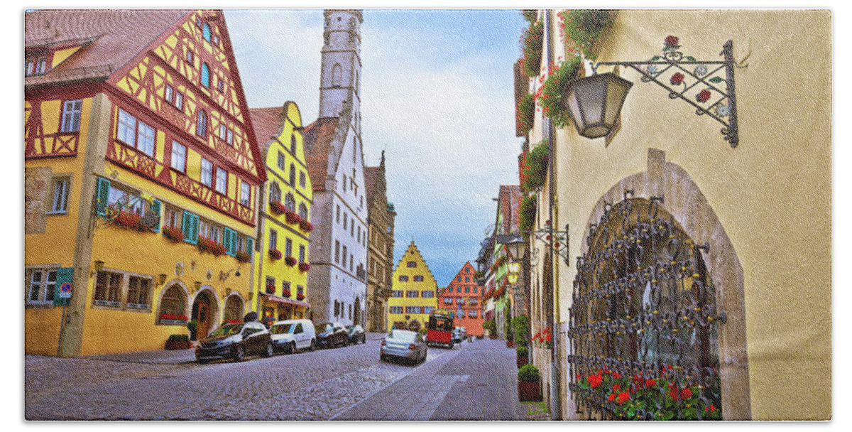 Rothenburg Ob Der Tauber Beach Towel featuring the photograph Idyllic Germany. Street architecture of medieval German town of #1 by Brch Photography