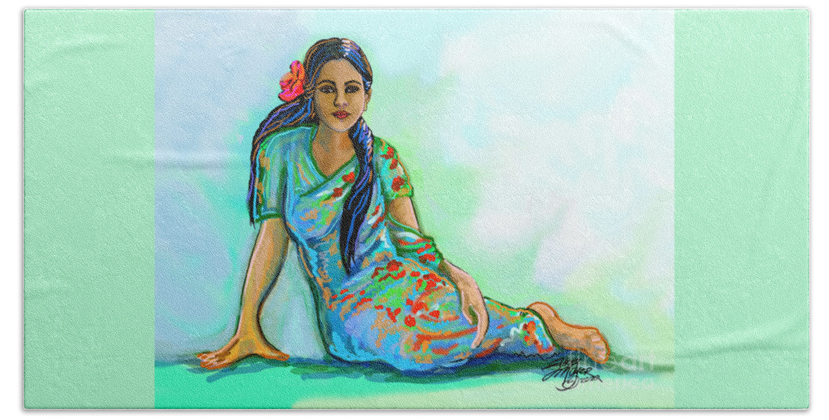 Indian Woman With Sari Beach Towel featuring the digital art Indian Woman With Flower by Stacey Mayer