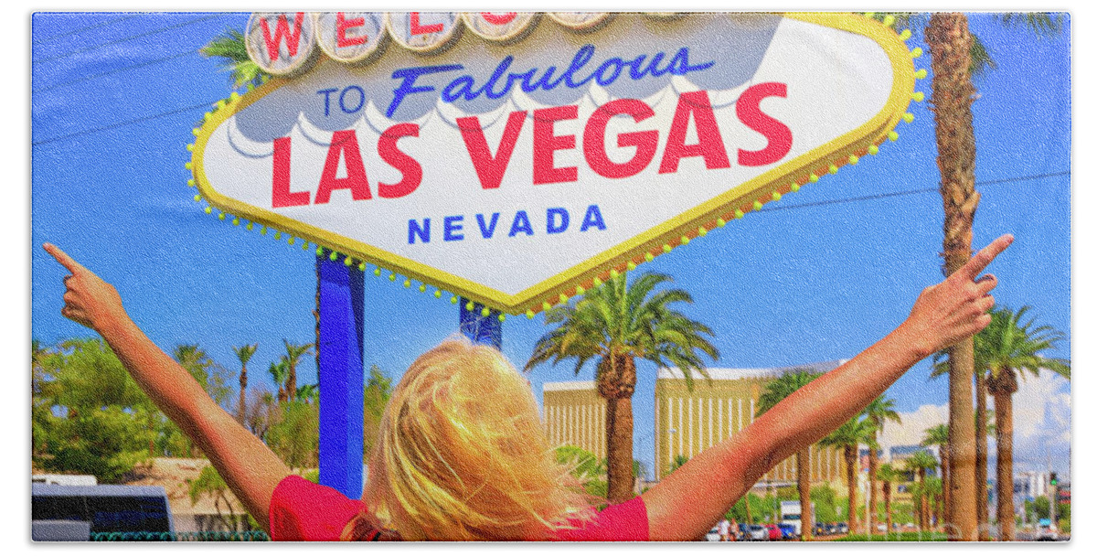 Las Vegas Beach Towel featuring the photograph Las Vegas Sign enjoying #1 by Benny Marty