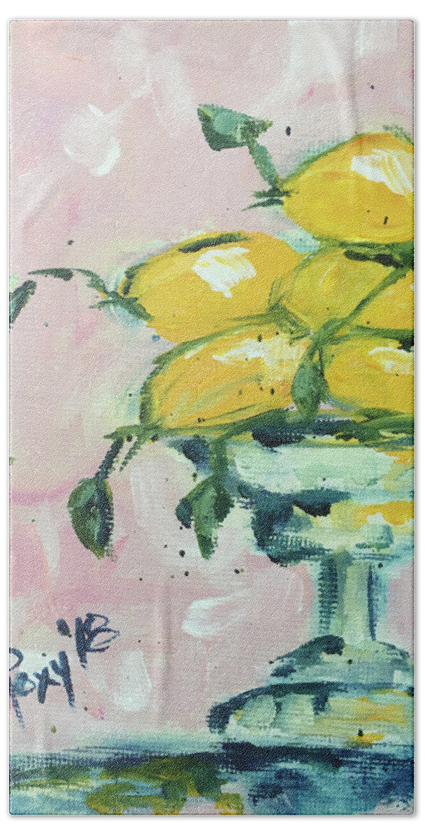 Lemon Beach Towel featuring the painting Lemon Pedestal by Roxy Rich