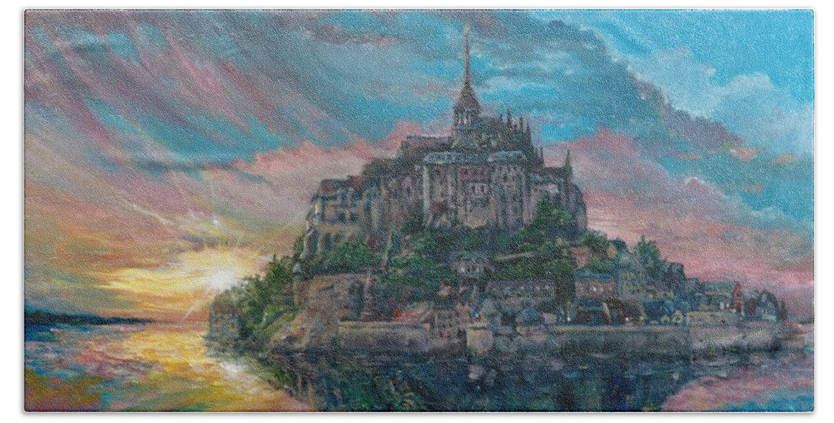 Religion Beach Towel featuring the painting Mont Saint Michel by Merana Cadorette
